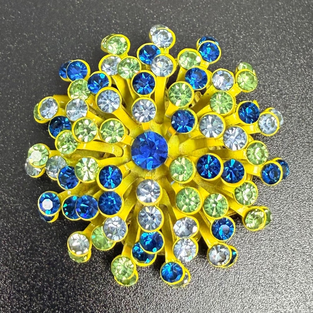 Vintage Atomic Brooch Yellow Blue Green Clear Rhinestones Sputnik Starburst - Picture 2 of 14